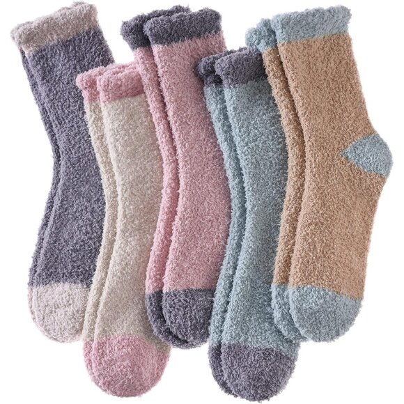 Women Fuzzy Socks Cozy Fluffy Warm Slipper Microfiber Soft Sleep Brown Beige - Picture 1 of 6